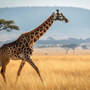 An ultra-detailed hyper-realistic photograph of a Masai Giraffe gracefully walking through the golden plains of the Serengeti. The giraffe’s jagged, dark brown patches contrast beautifully with its lighter tan coat. Its long legs stride effortlessly through the dry grass, with the vast African wilderness stretching behind it. The blurred backdrop of acacia trees and distant hills adds cinematic depth, drawing attention to the giraffe’s majestic form. The sunlight casts a warm glow, enhancing the detailed textures of the giraffe’s fur. National Geographic-quality photography, cinematic realism, and perfect focus